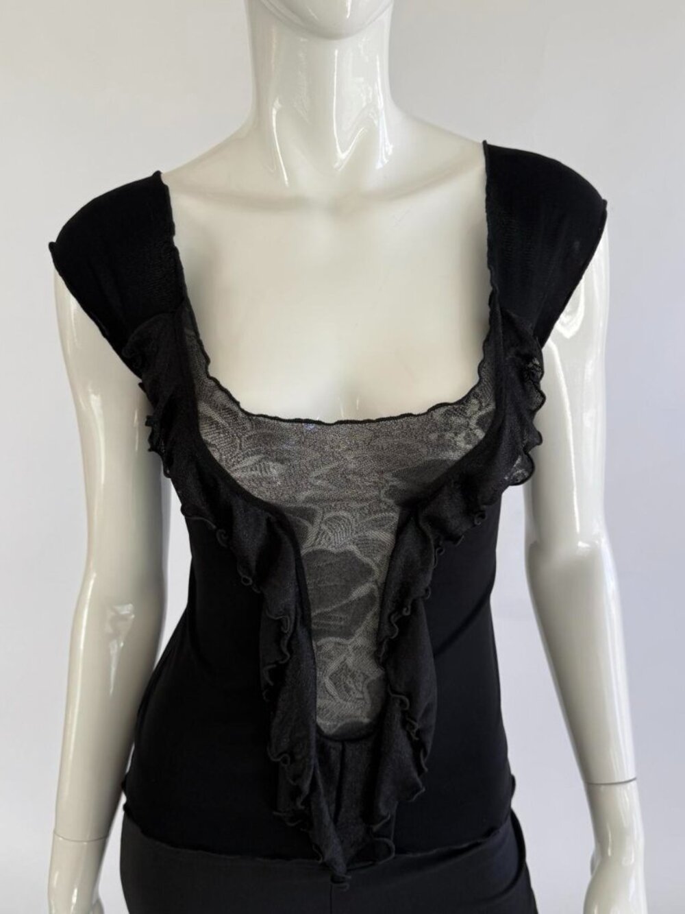 Emporio Armani Vintage Plunging Sheer Ruffle Top
